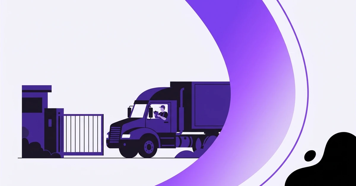 Truck waiting at a facility gate with a driver logging arrival time.