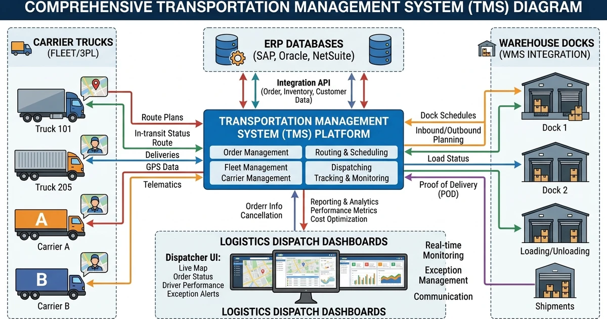 Diagram showing a Transportation Management System linking ERP databases, carrier trucks, warehouse docks, and logistics dispatch dashboards.