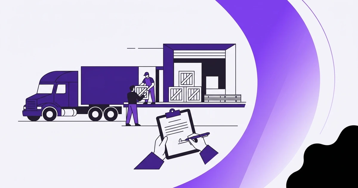 A freight driver and consignee reviewing and signing a physical bill of lading at a loading dock.